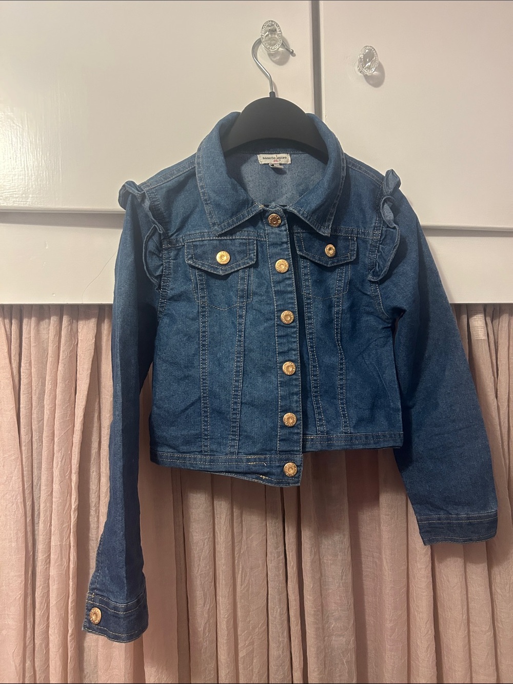 Nanette Lepore Blue Denim Jacket with Gold Buttons and Ruffle Shoulders